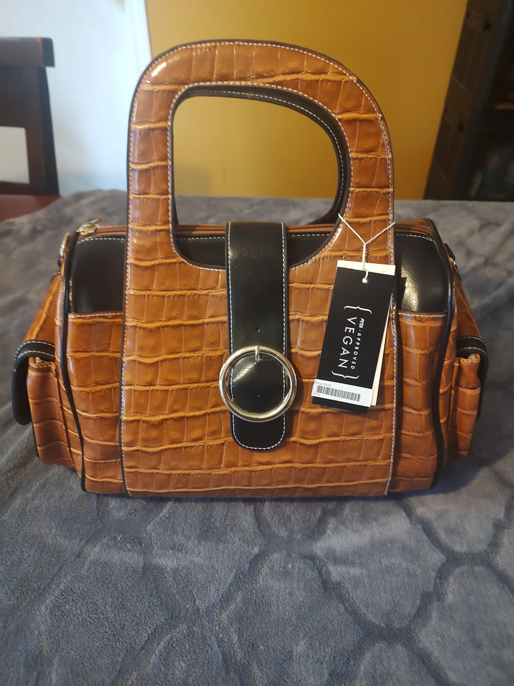 Vegan Croc-Embossed Satchel Handbag in Cognac with Black Trim